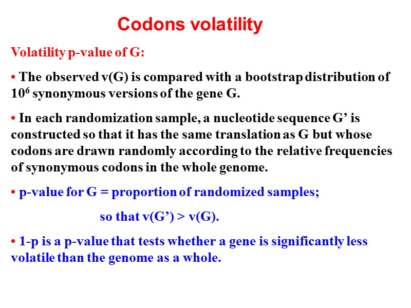 Codons volatility Volatility p-value of G: • The observed v(G) is compared with a